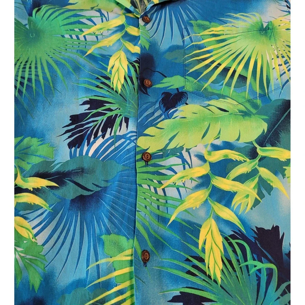 Aloha Republic Hawaiian Shirt Mens L Blue Green Tropical Palm Made in Hawaii - Picture 2 of 7
